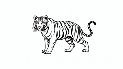 Obraz premium Striped tiger illustration, standing majestically. The tiger's details are clearly shown in black and white style. 