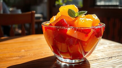 Delicious fruit salad in a clear glass bowl on a wooden table, close-up shot