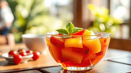 Delicious fruit salad in a glass bowl with fresh mint leaves on a wooden table