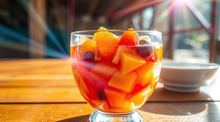 Delicious fruit salad served in a glass with natural sunlight shining brightly