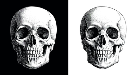 Intricate skull illustration on black and white background for halloween or gothic decor. Vector illustration