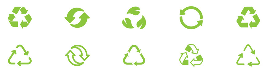 Recycle vector icon set. Arrows, heart and leaf recycle eco green symbol. Rounded angles. Recycled signs illustration isolated on white background. Recycling arrow ecofriendly. Vector Illustration. 