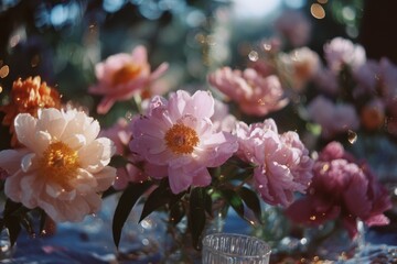 Overhead view of blooming peony garden tea party with bokeh light effects and floating pollen particles. Spring floral event concepts for invitations, branding, and social media content.
