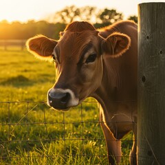 Jersey cow at sunset in a green pasture