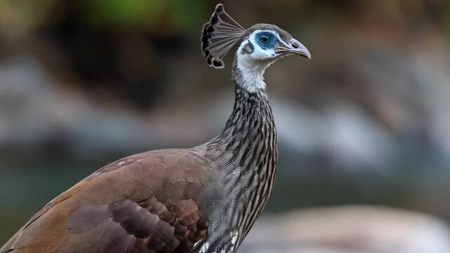 Close-up of a male Palawan peacock-pheasant with brown and striped plumage standing on a gray rock looking to the right in a natural environment.