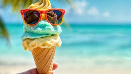 Enjoying a Vibrant Ice Cream Cone With Sunglasses on a Sunny Beach in Summer - Powered by Adobe