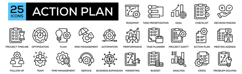 Action Plan icon collection set. Containing design Strategic Roadmap, Task Prioritization, Goal Setting, Action Checklist, Decision Making.