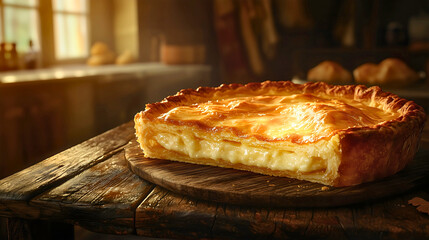 A delicious hot cheese pie on the kitchen table in a rustic and old-fashioned setting, a cheese pie made in the traditional way.
