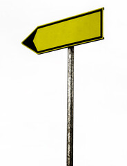 Yellow and black arrow empty blank rectangle Road Sign. isolated on white Background. mock up of road sign on metal iron pillar pole beam.