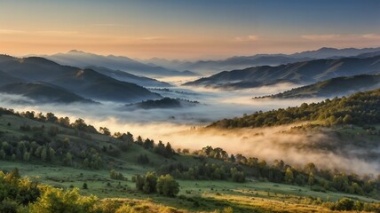 Fototapeta premium Sunrise Over Misty Hills and Forest