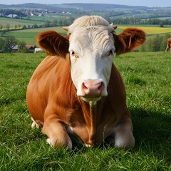 Brown and white cow resting in green pasture