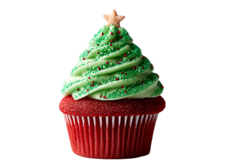 A christmas cupcake with green frosting shaped like a tree and a star on top isolated on black