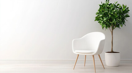 Elegant modern chair and potted plant in minimalist interior cozy home environment natural light contemporary design aesthetic