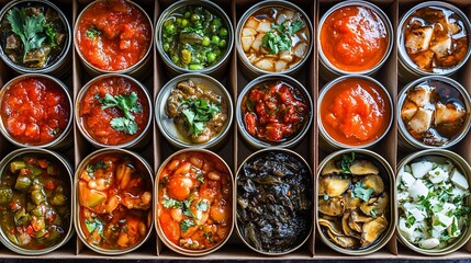 Fototapeta premium Variety of canned sauces and stews in a box