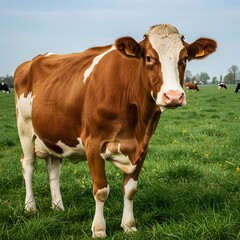 Brown and white cow in a lush green pasture