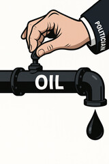 Political control oil pipeline valve concept. Government politician hand turning petroleum supply faucet. Energy sanctions economic power regulation. Oil industry metaphor vector