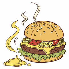 Juicy hamburger with lettuce, cheese, and tomato, isolated on a white background. Perfect for food ads and menus.