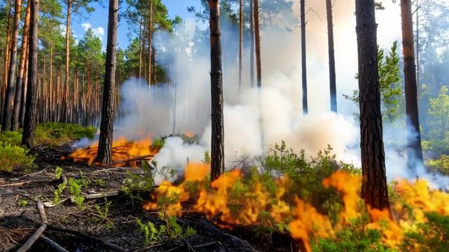Forest floor burning slowly under tall pine trees