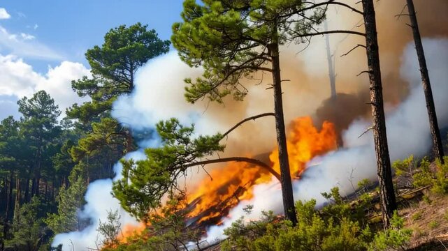 Pine forest wildfire spreading with smoke and flames