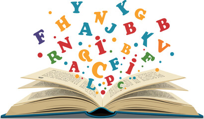Open book with colorful alphabet letters and dots flying out. Vector illustration