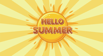 Vibrant hello summer design featuring sunburst background for seasonal greetings. Vector illustration