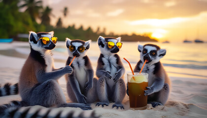 group of lemur friends relax on beach, drink coconut milk, happily relaxing at party on vacation.