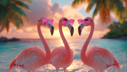 portrait close-up, three pink flamingos in sunglasses standing at sunset on a tropical island,