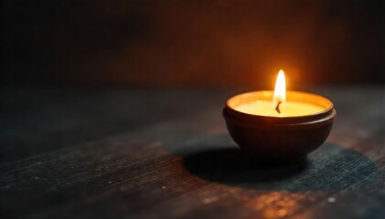 Warm, flickering candlelight illuminates a small votive holder, casting a soft glow on a dark wooden surface Perfect for creating a cozy and romantic atmosphere , simplicity, candlelight, comfort