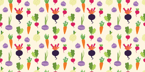 Modern vegetables illustration with onions, radish and carrot. Healthy summer raw food seamless pattern for backgrounds, wallpapers and wrapping papers