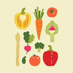 Trendy Arrangement with Hand Drawn Vegetable Illustration with peppers, asparagus, tomatoes, carrots and broccoli. Modern Abstract Mediterranean Aesthetic. Vector Art for Home Decor, Dining Spaces