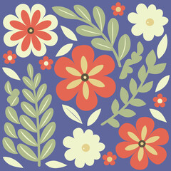 Colorful floral pattern design with stylized flowers and leaves on a blue background