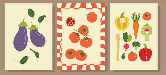 Trendy Prints with Hand Drawn Vegetable Illustrations on Rustic Kitchen Backgrounds. Modern Abstract Mediterranean Aesthetic. Vector Art for Home Decor, Dining Spaces, and Culinary Lovers.