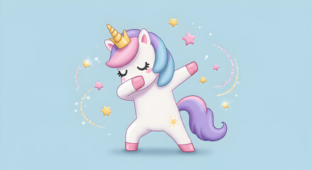 Fototapeta premium Adorable Unicorn Dabbing with Stars and Magical Glitter on a Pastel Blue Background