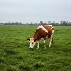 Red and white cow grazing in a green pasture