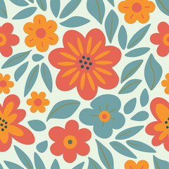 Colorful floral seamless pattern with orange red and blue flowers and leaves over a neutral background