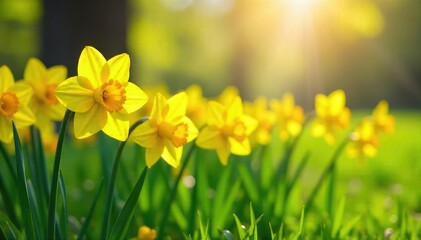 Fototapeta premium Vibrant yellow daffodils blooming in a lush green field, bathed in the warm spring sunlight Perfect for spring themes, Easter, and nature imagery , blooming, yellow