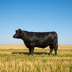 Black angus cow in a harvested field