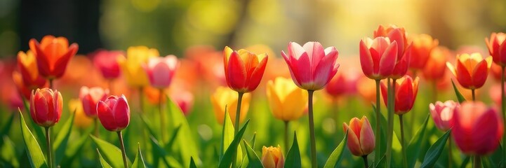 Obraz premium Vibrant tulips in a rainbow of colors blooming in a lush spring meadow, bathed in warm sunlight Perfect for spring themes, Easter, and nature imagery , stem, spring