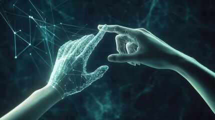 Hands of robot and human touching on big data network connection background