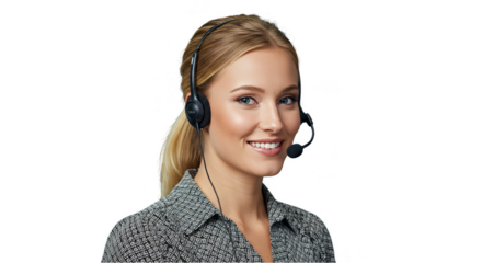 Portrait Of Smiling Blonde Woman With Headset On Transparent Background