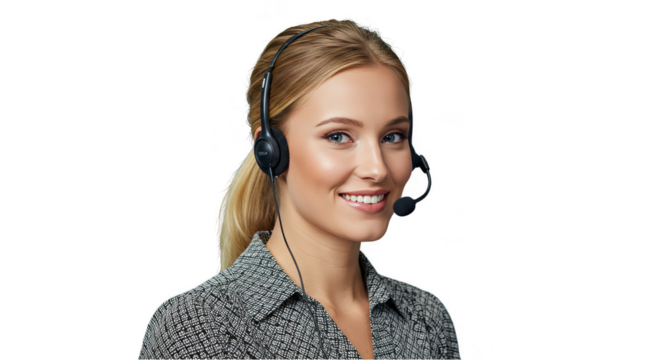 Portrait Of Smiling Blonde Woman With Headset On Transparent Background
