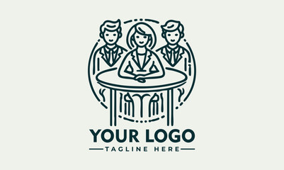 Obraz premium Minimalist line art of three people having a discussion around a table, collaborative meeting or teamwork concept 