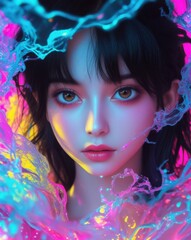 Fantasy neon portrait of young woman surrounded by vibrant glowing colors and digital light textures
