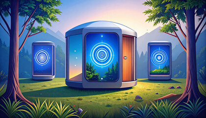 Futuristic Portal in Serene Mountain Landscape Digital Art of a Sci fi Structure with Screens Displaying Nature Scenes