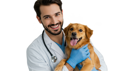 Portrait of Veterinarian Doctor with Stethoscope Holds Dog in Transparent Background