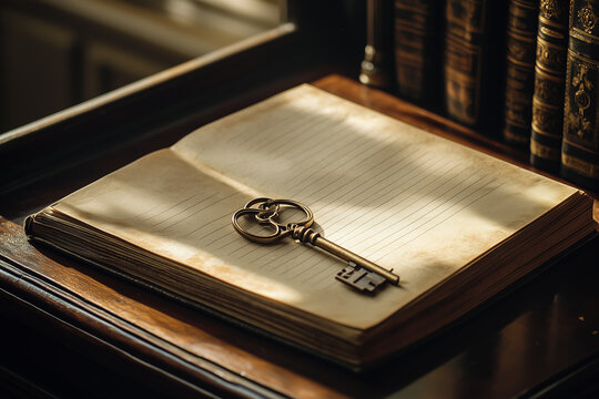 Antique key and open guestbook resting on a polished wooden table in a sunlit room filled with historic books nearby