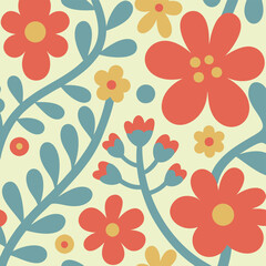 Vibrant floral pattern with playful flowers and leaves on a pastel yellow background