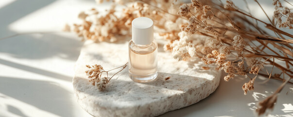 Elegant nail polish bottle with dried flowers on a serene stone surface creating a calming aesthetic in bright light
