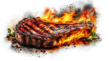 Watercolor illustration of a steak on fire, transparent background