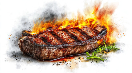 Watercolor illustration of a steak on fire, transparent background